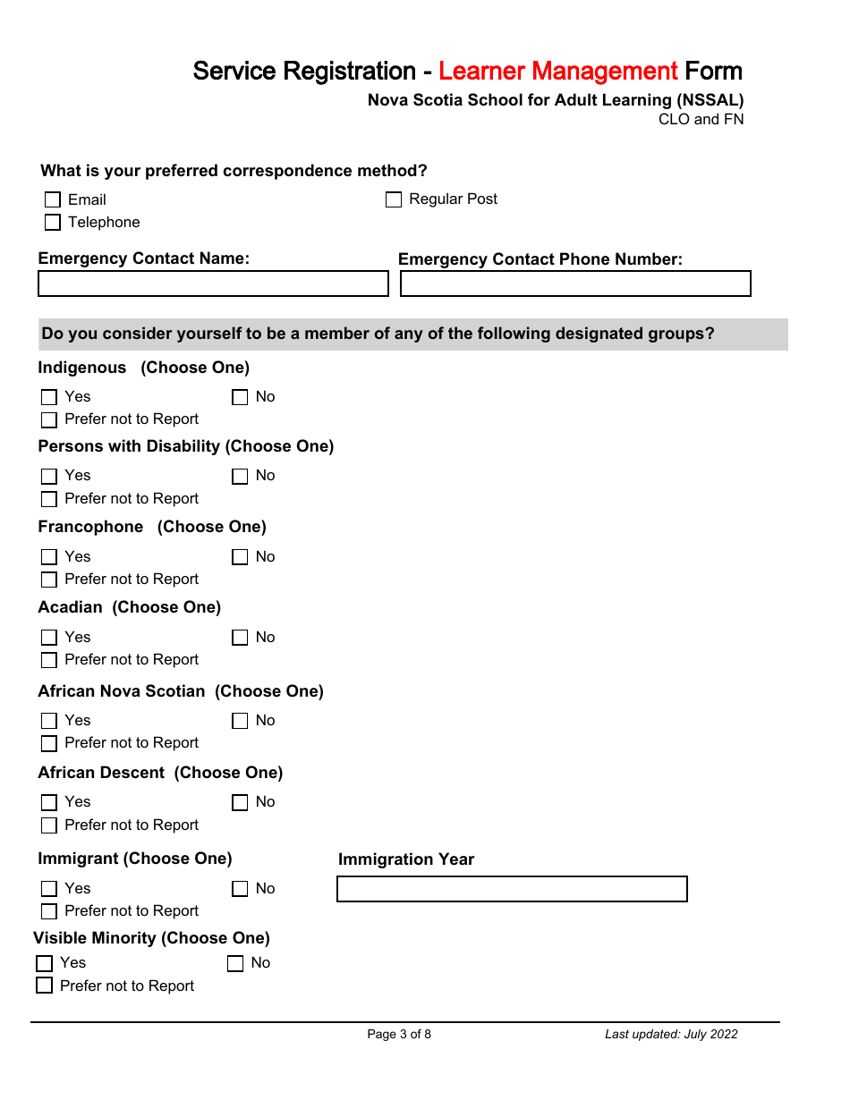 Service Registration - Learner Management Form - Nova Scotia School for Adult Learning (Nssal) - Clo and Fn - Nova Scotia, Canada, Page 3