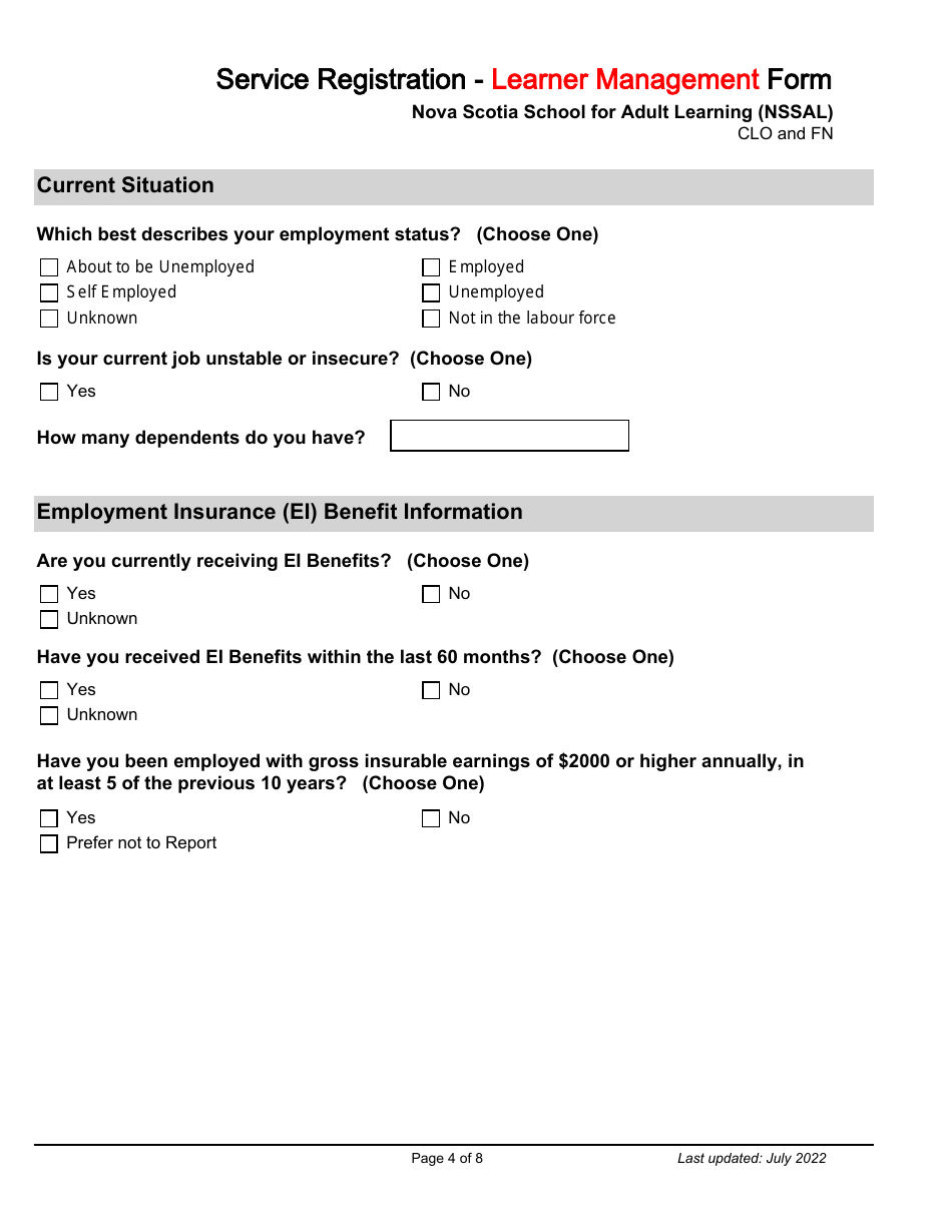 Service Registration - Learner Management Form - Nova Scotia School for Adult Learning (Nssal) - Clo and Fn - Nova Scotia, Canada, Page 4