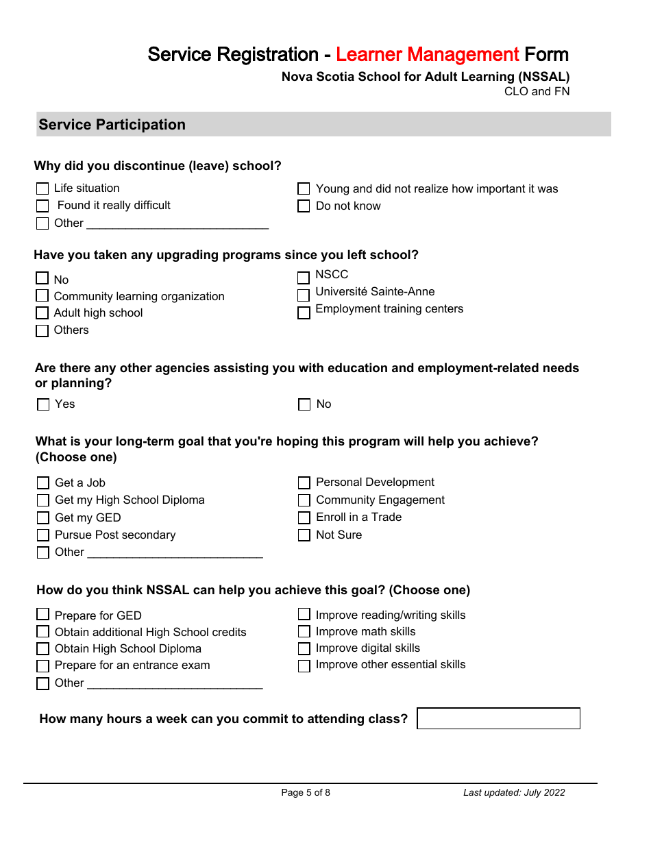 Service Registration - Learner Management Form - Nova Scotia School for Adult Learning (Nssal) - Clo and Fn - Nova Scotia, Canada, Page 5