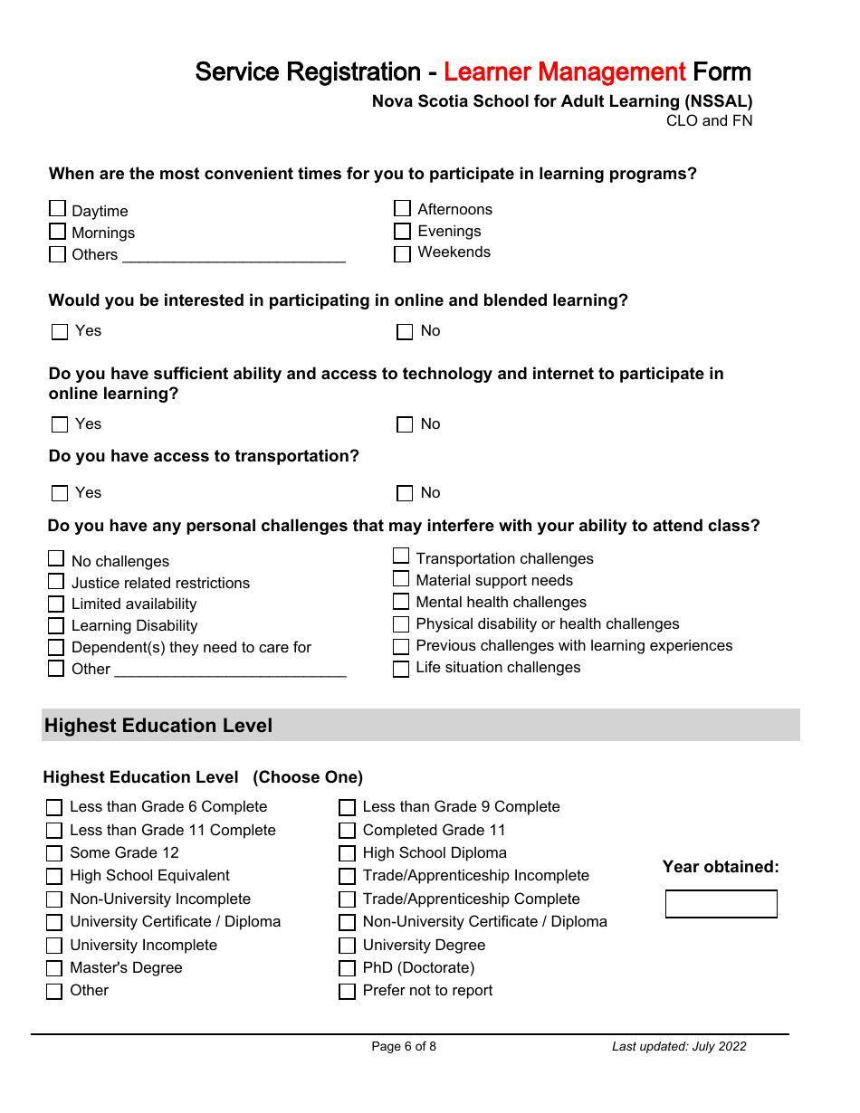 Service Registration - Learner Management Form - Nova Scotia School for Adult Learning (Nssal) - Clo and Fn - Nova Scotia, Canada, Page 6