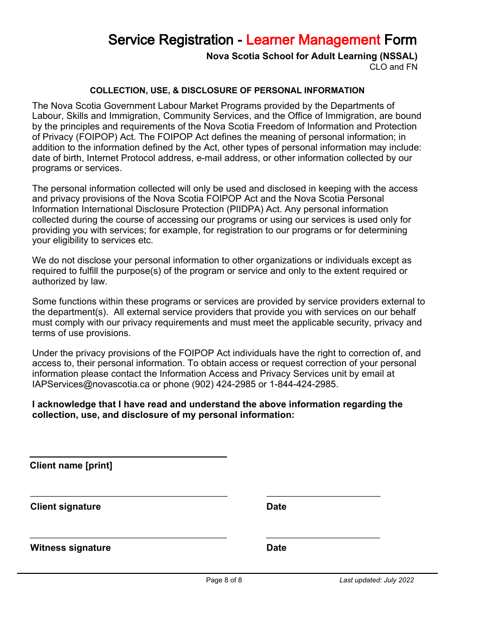 Service Registration - Learner Management Form - Nova Scotia School for Adult Learning (Nssal) - Clo and Fn - Nova Scotia, Canada, Page 8
