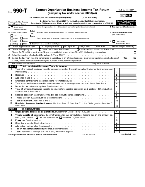 IRS Form 990-T 2022 Printable Pdf