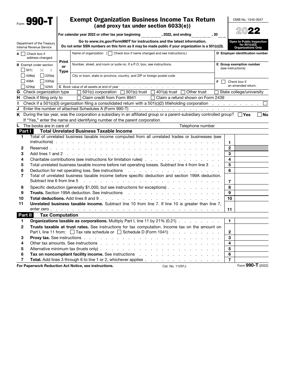 IRS Form 990-T Exempt Organization Business Income Tax Return (And Proxy Tax Under Section 6033(E)), Page 1