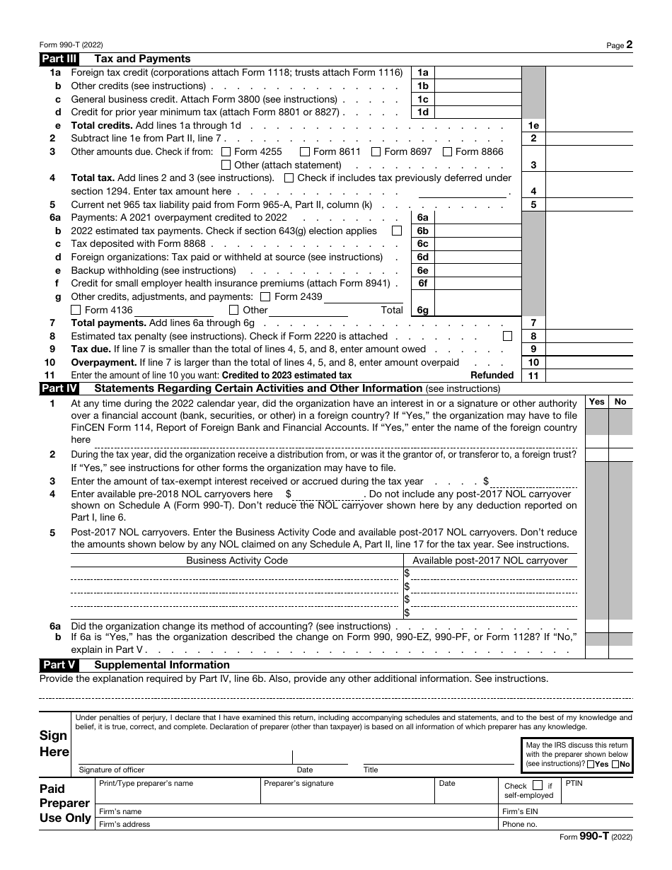 IRS Form 990-T Exempt Organization Business Income Tax Return (And Proxy Tax Under Section 6033(E)), Page 2