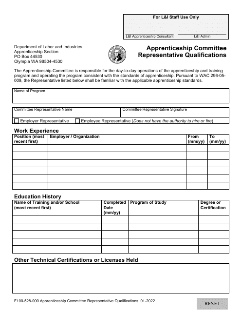 Form F100-528-000 Apprenticeship Committee Representative Qualifications - Washington
