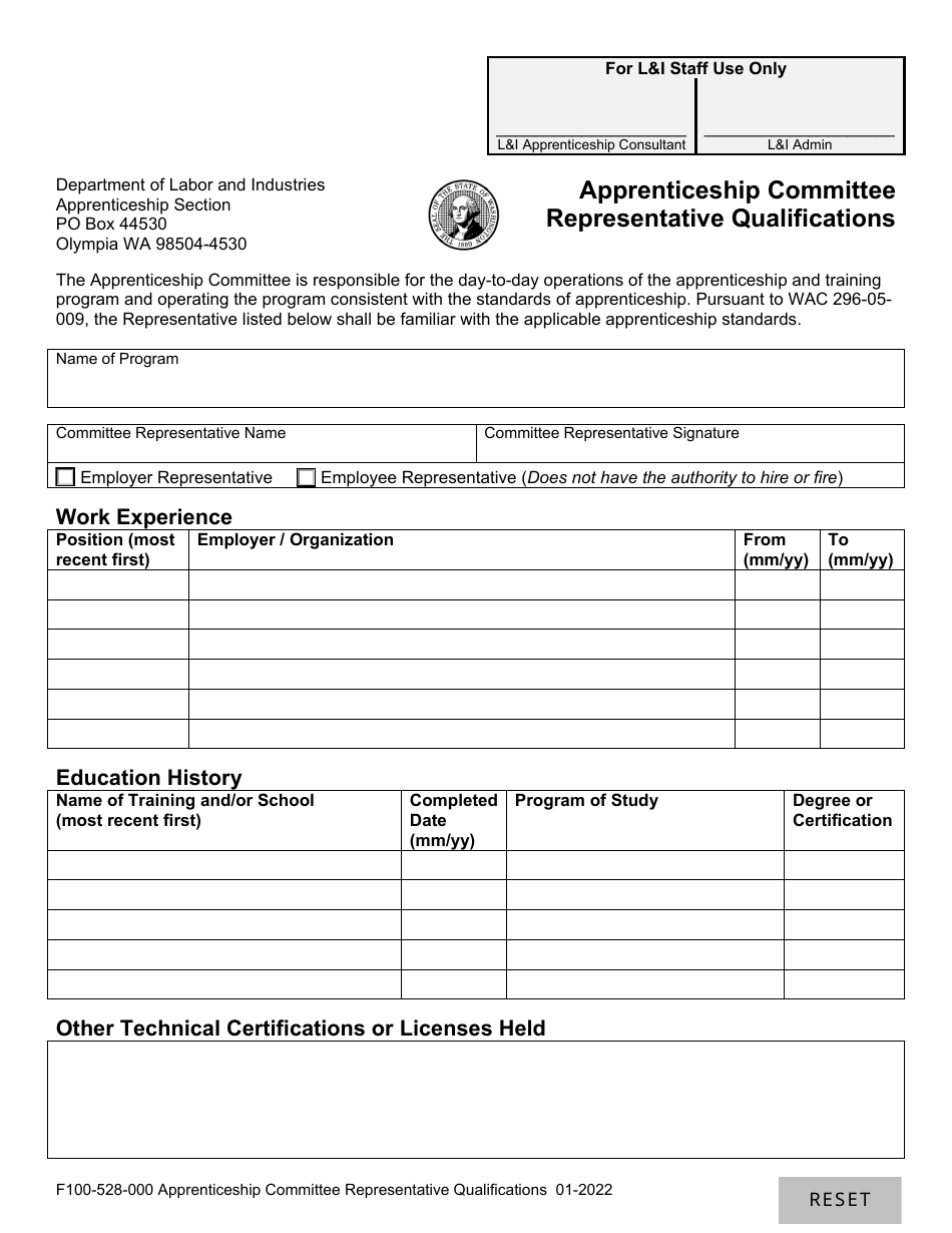 Form F100-528-000 Apprenticeship Committee Representative Qualifications - Washington, Page 1