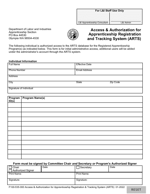 Form F100-535-000 Access & Authorization for Apprenticeship Registration and Tracking System (Arts) - Washington