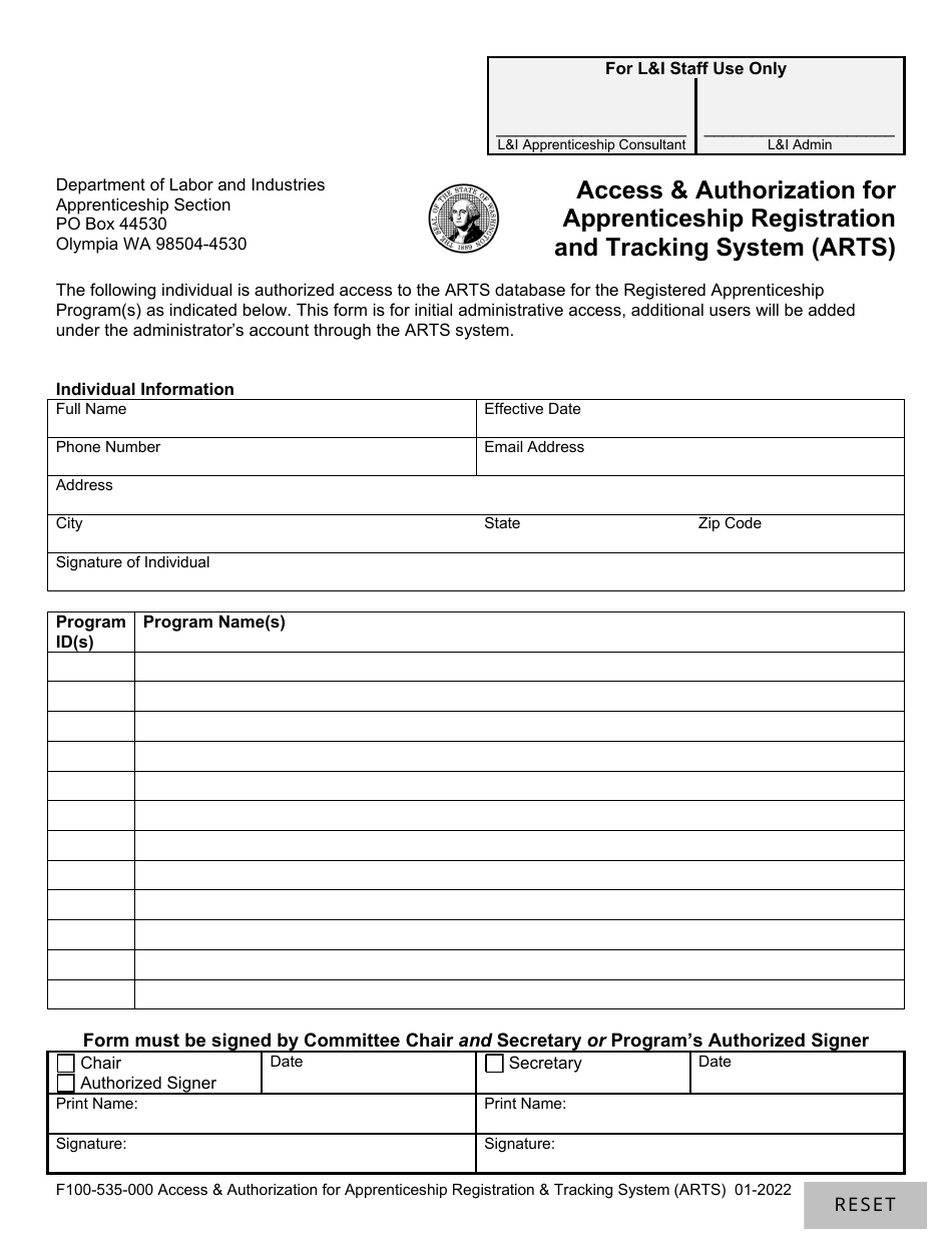 Form F100-535-000 Access  Authorization for Apprenticeship Registration and Tracking System (Arts) - Washington, Page 1