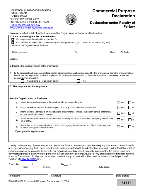 Form F101-195-000 Commercial Purpose Declaration - Washington