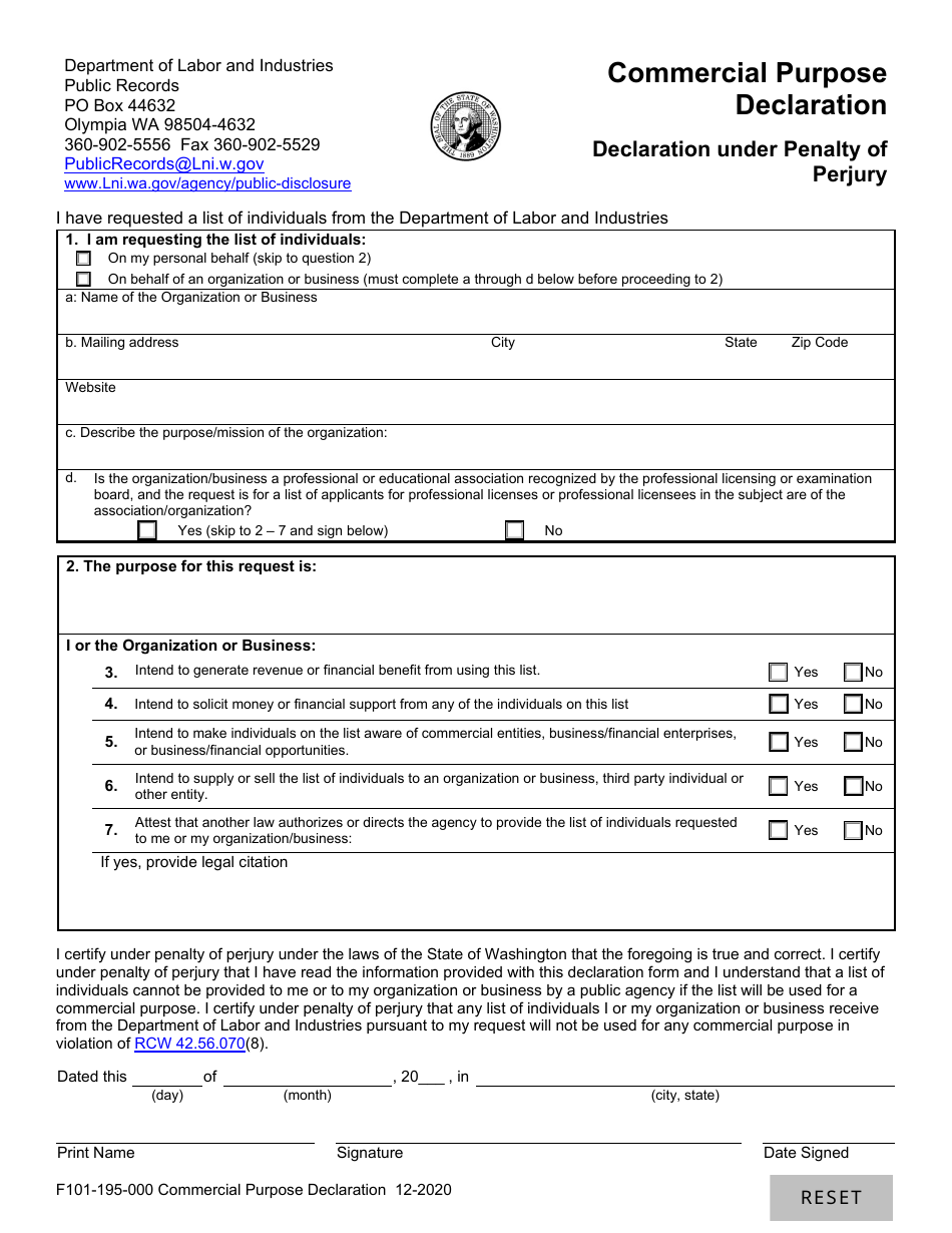 Form F101-195-000 Commercial Purpose Declaration - Washington, Page 1