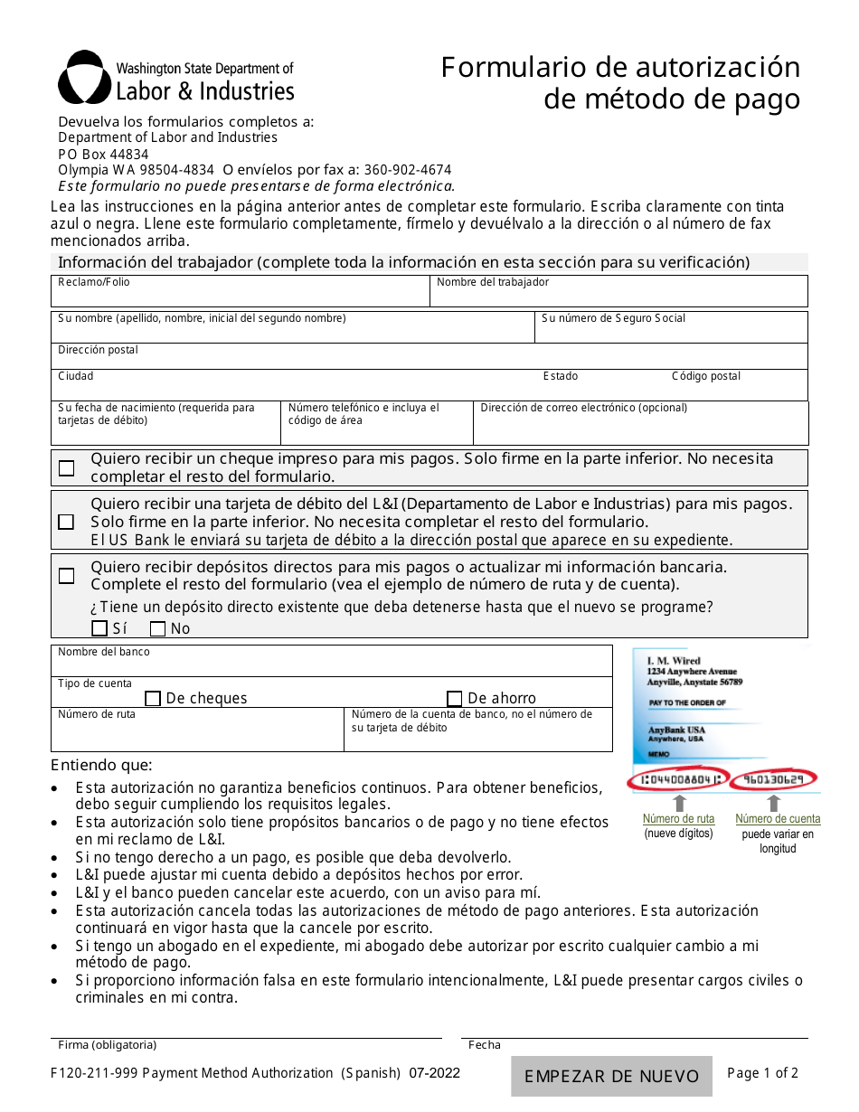 Formulario F120-211-999 Formulario De Autorizacion De Metodo De Pago - Washington (Spanish), Page 1