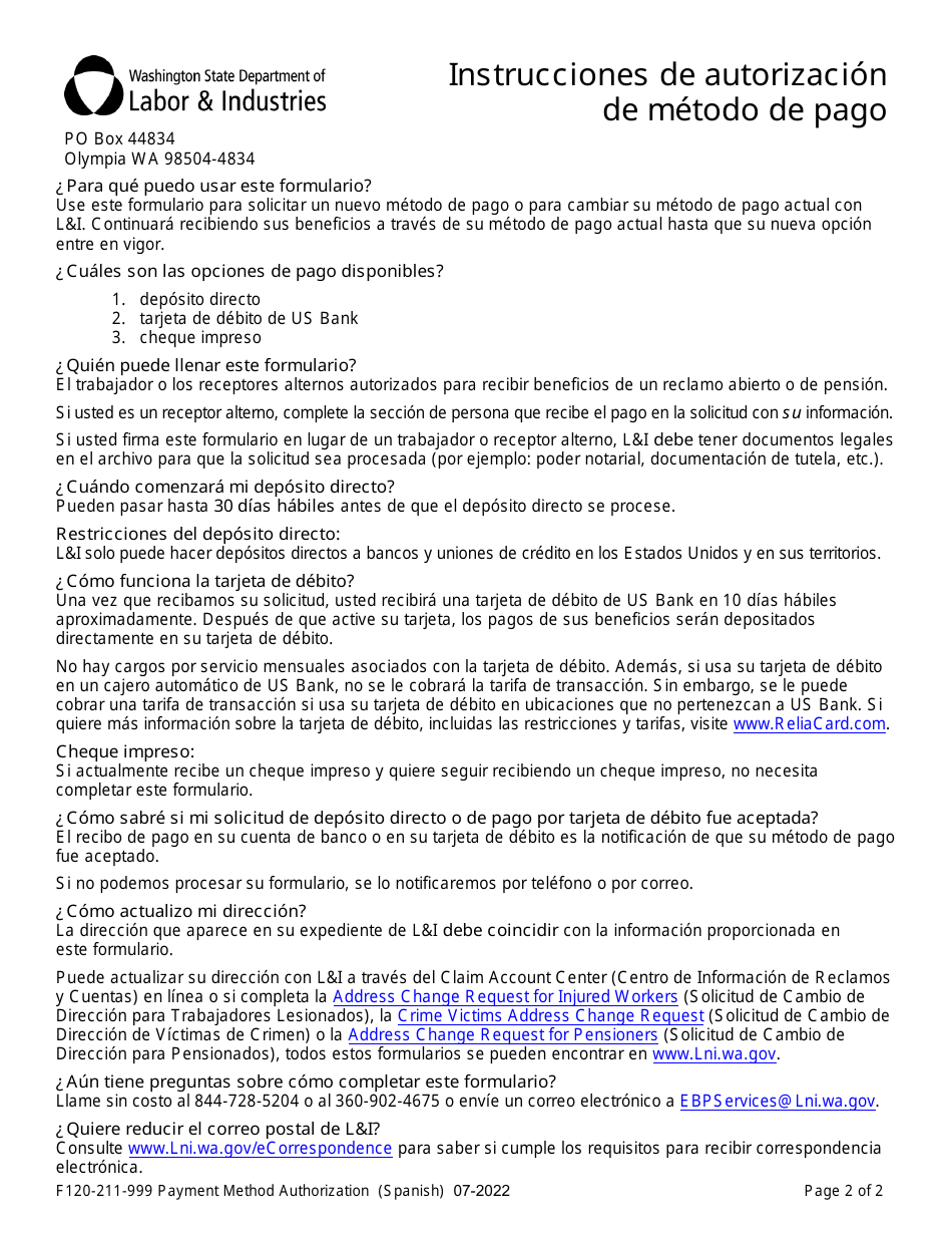Formulario F120-211-999 Formulario De Autorizacion De Metodo De Pago - Washington (Spanish), Page 2