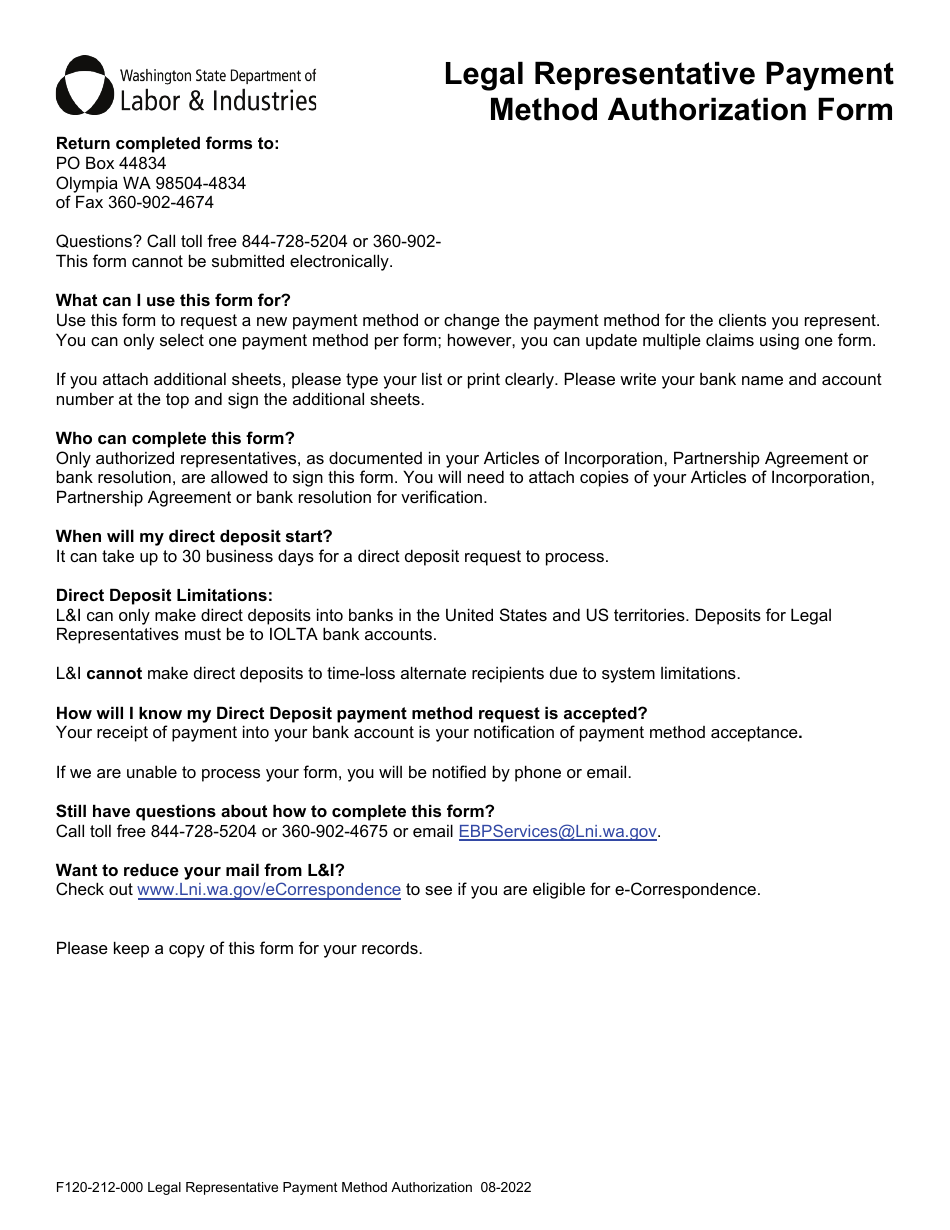 Form F120-212-000 Legal Representative Payment Method Authorization Form - Washington, Page 1