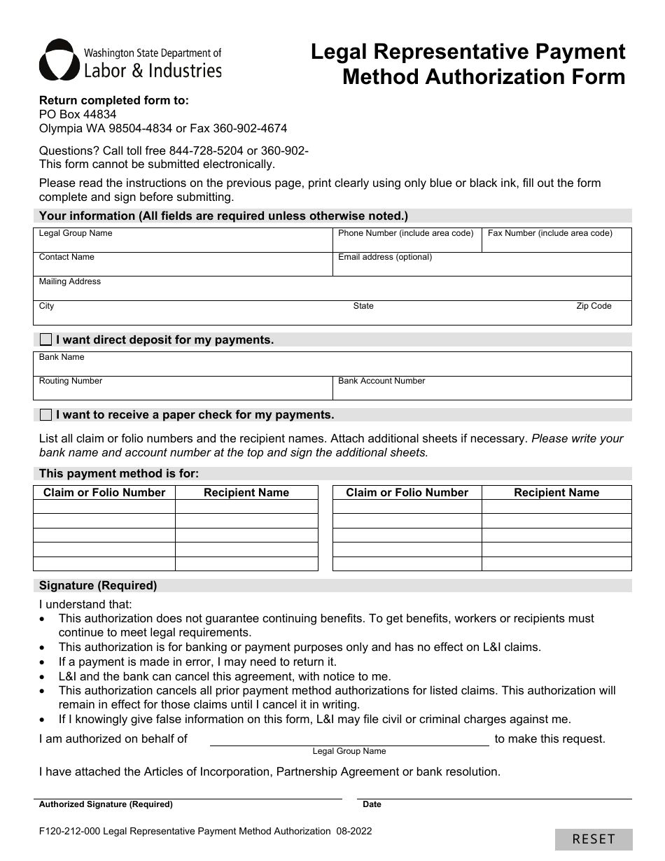 Form F120-212-000 Legal Representative Payment Method Authorization Form - Washington, Page 2