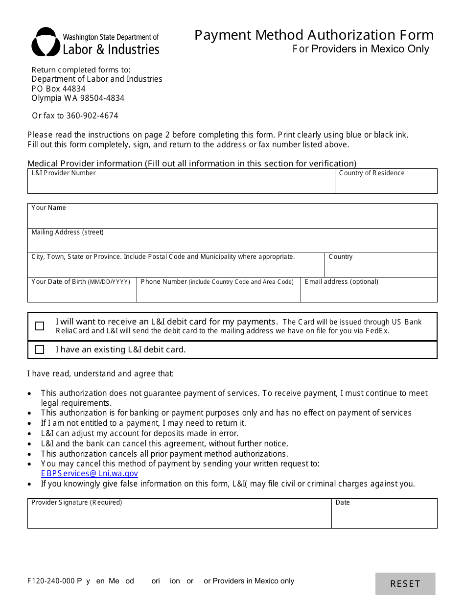 Form F120-240-000 Payment Method Authorization Form for Providers in Mexico Only - Washington, Page 1