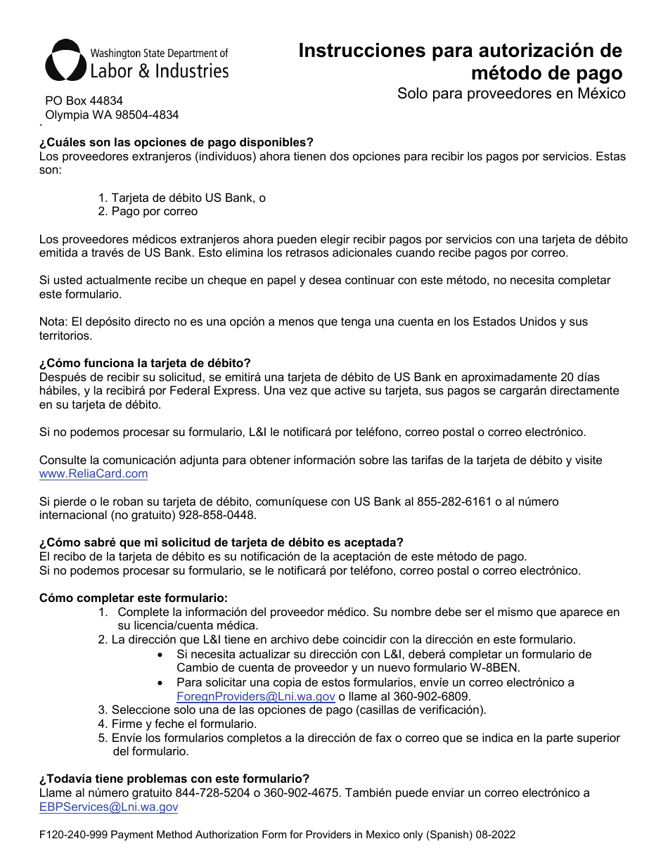 Formulario F120-240-999 Formulario Para Autorizacion De Metodo De Pago Solo Para Proveedores En Mexico - Washington (Spanish), Page 2
