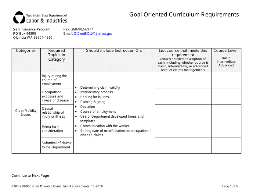 Form F207-230-000 Goal Oriented Curriculum Requirements - Washington