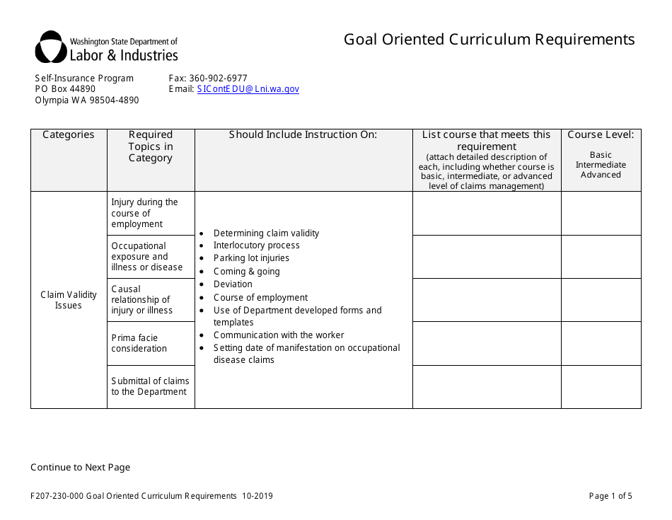 Form F207-230-000 Goal Oriented Curriculum Requirements - Washington, Page 1