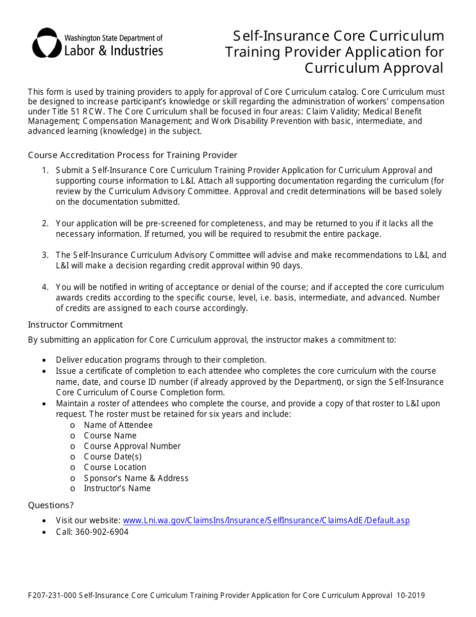 Form F207-231-000 Self-insurance Core Curriculum Training Provider Application for Curriculum Approval - Washington, Page 1