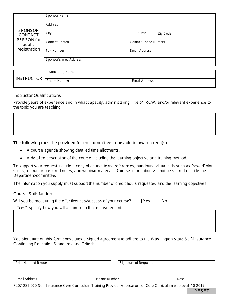 Form F207-231-000 Self-insurance Core Curriculum Training Provider Application for Curriculum Approval - Washington, Page 3