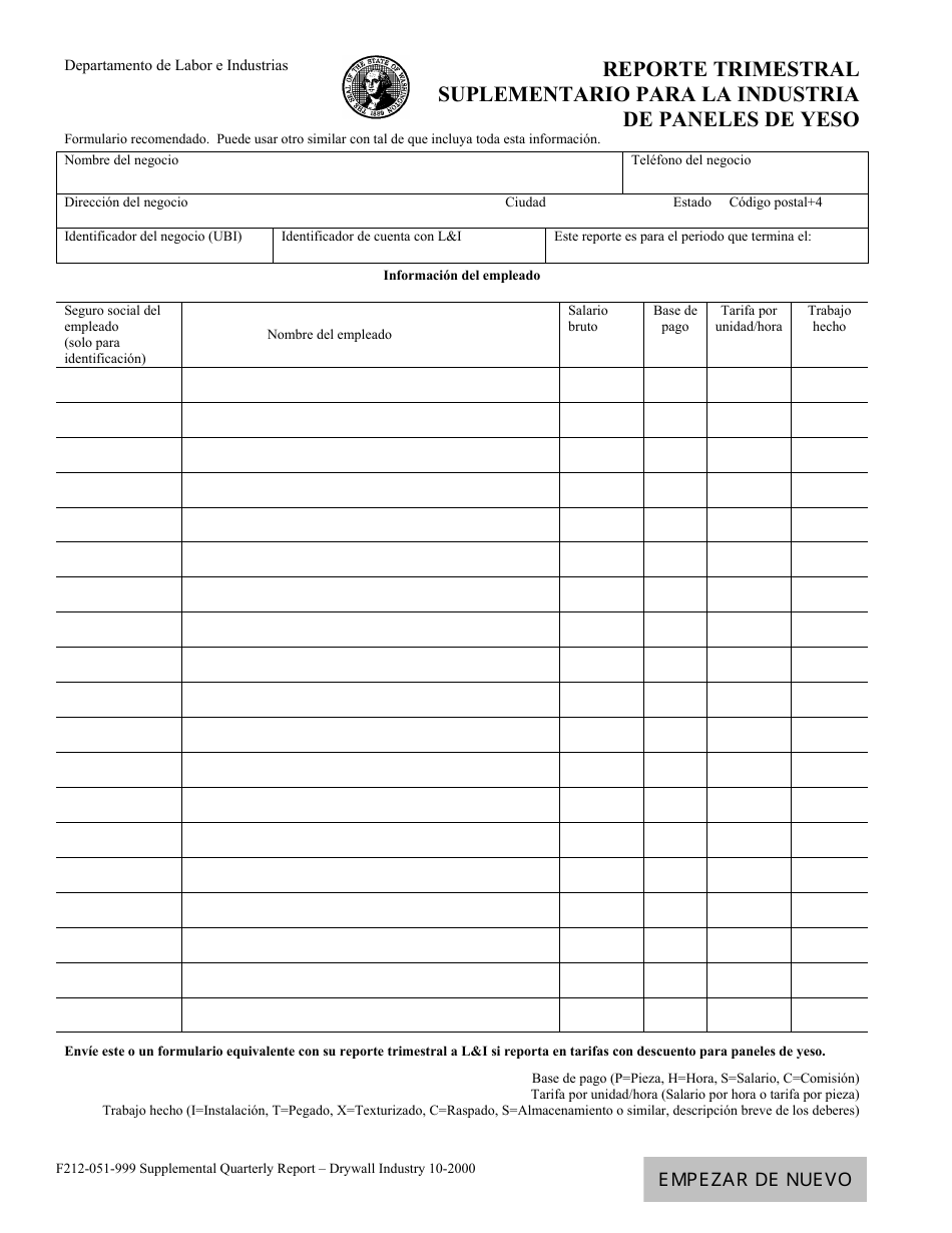 Formulario F212-051-999 Reporte Trimestral Suplementario Para La Industria De Paneles De Yeso - Washington (Spanish), Page 1