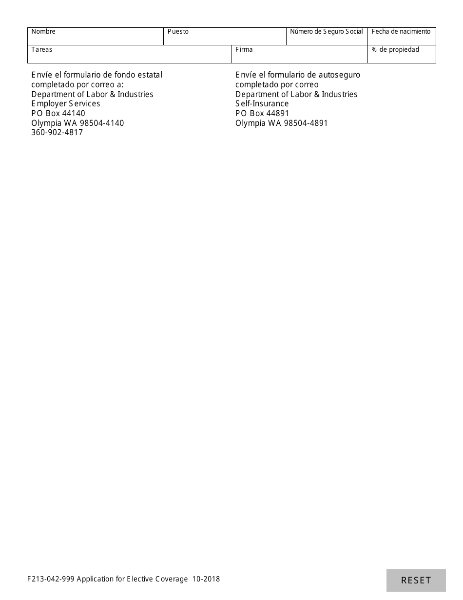 Formulario F213-042-999 Solicitud De Cobertura Electiva - Proprietario Unico, Socios, Funcionarios Corporativos Con Fines De Lucro O Miembros / Administradores De Una Sociedad De Responsabilidad Limitada (Limited Liability Company, LLC) - Washington (Spanish), Page 3