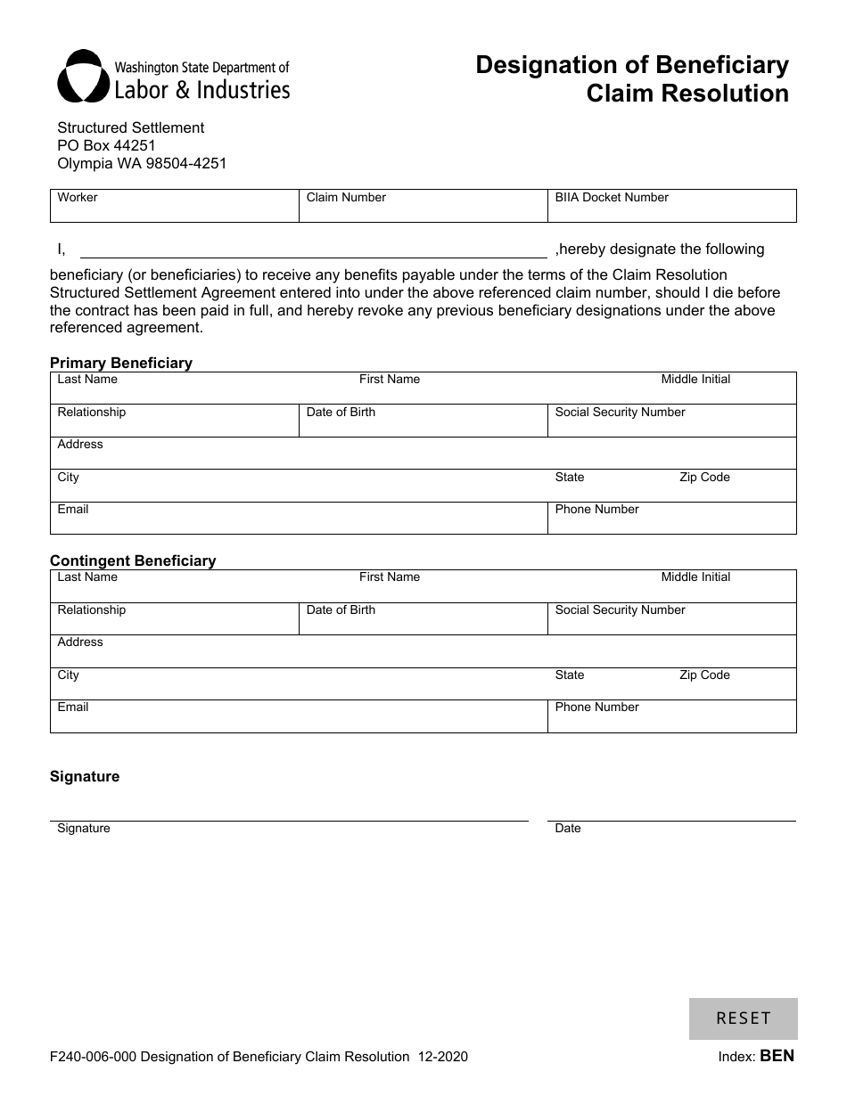 Form F240-006-000 Designation of Beneficiary Claim Resolution - Washington, Page 1