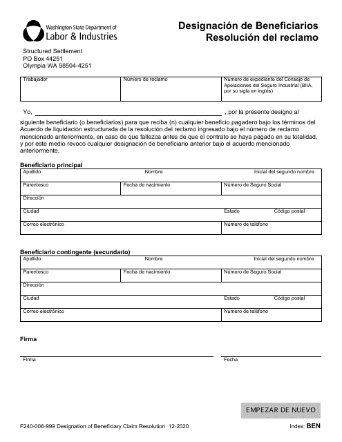 Formulario F240-006-999 Designacion De Beneficiaios Resolucion Del Reclamo - Washington (Spanish)