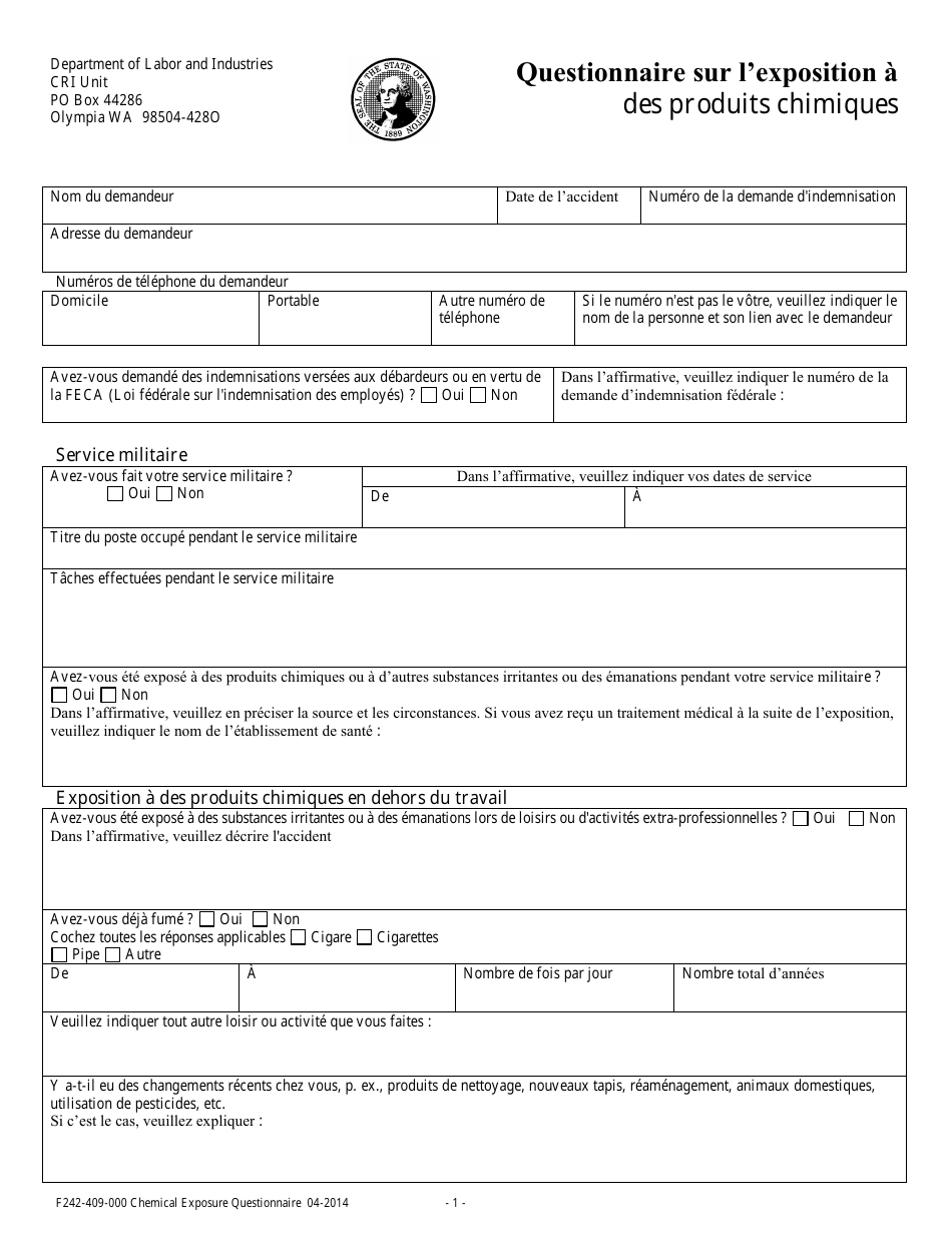 Form F242-409-232 Chemical Exposure Questionnaire - Washington (French), Page 1