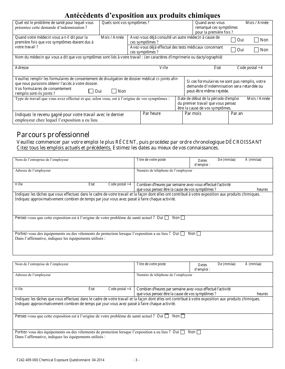 Form F242-409-232 Chemical Exposure Questionnaire - Washington (French), Page 3