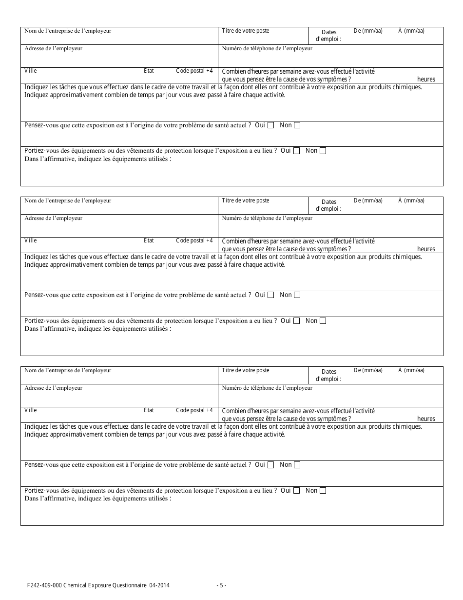 Form F242-409-232 Chemical Exposure Questionnaire - Washington (French), Page 5