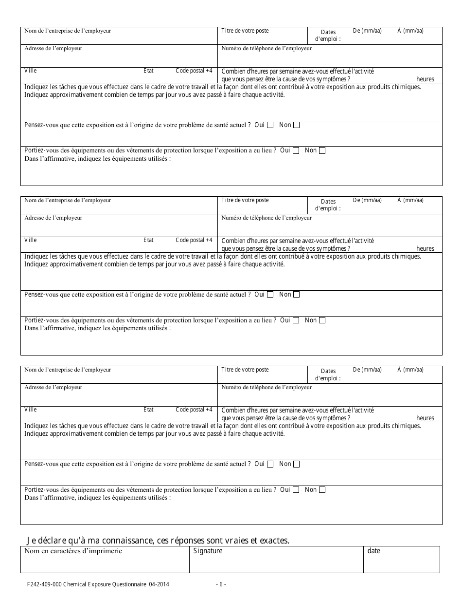 Form F242-409-232 Chemical Exposure Questionnaire - Washington (French), Page 6
