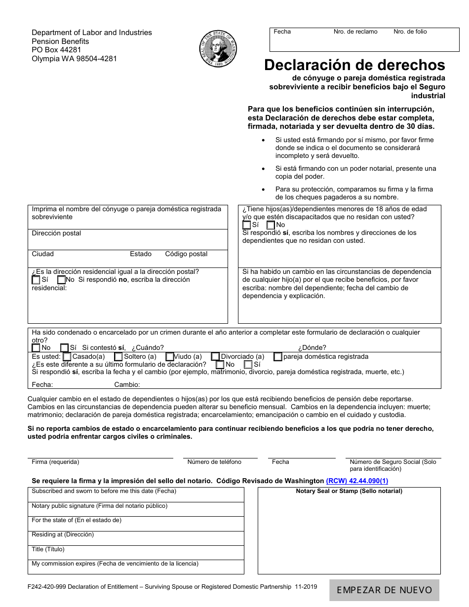 Formulario F242-420-999 Declaracion De Derechos De Conyuge O Pareja Domestica Registrada Sobreviviente a Recibir Beneficios Bajo El Seguro Industrial - Washington (Spanish), Page 1