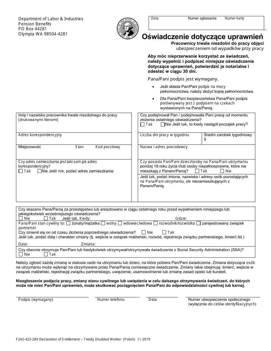 Form F242-423-289 Declaration of Entitlement for Totally Disabled Worker Benefits Under Industrial Insurance - Washington (Polish), Page 1