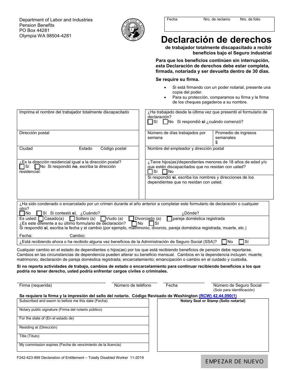 Formulario F242-423-999 Declaracion De Derechos De Trabajador Totalmente Discapacitado a Recibir Beneficios Bajo El Seguro Industrial - Washington (Spanish), Page 1