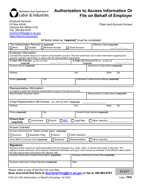 Form F242-431-000 Authorization to Access Information or File on Behalf of Employer - Washington