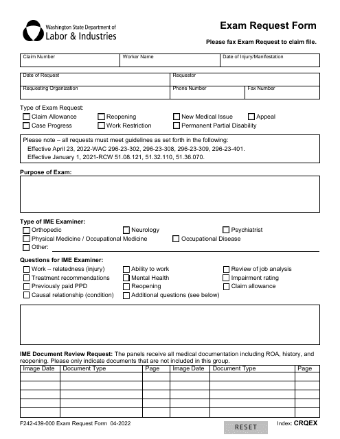 Form F242-439-000 Exam Request Form - Washington