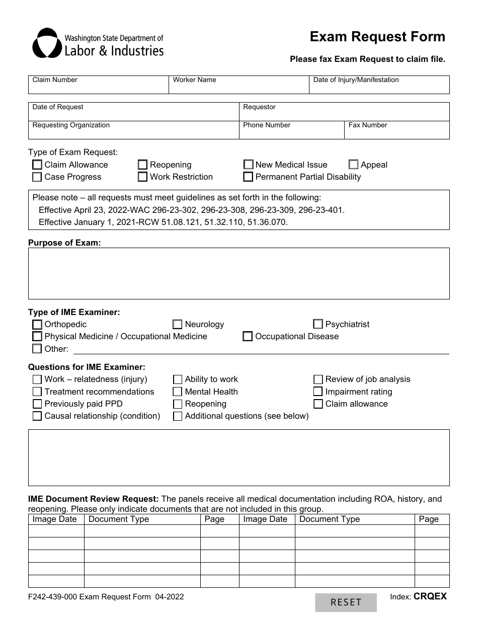 Form F242-439-000 Exam Request Form - Washington, Page 1