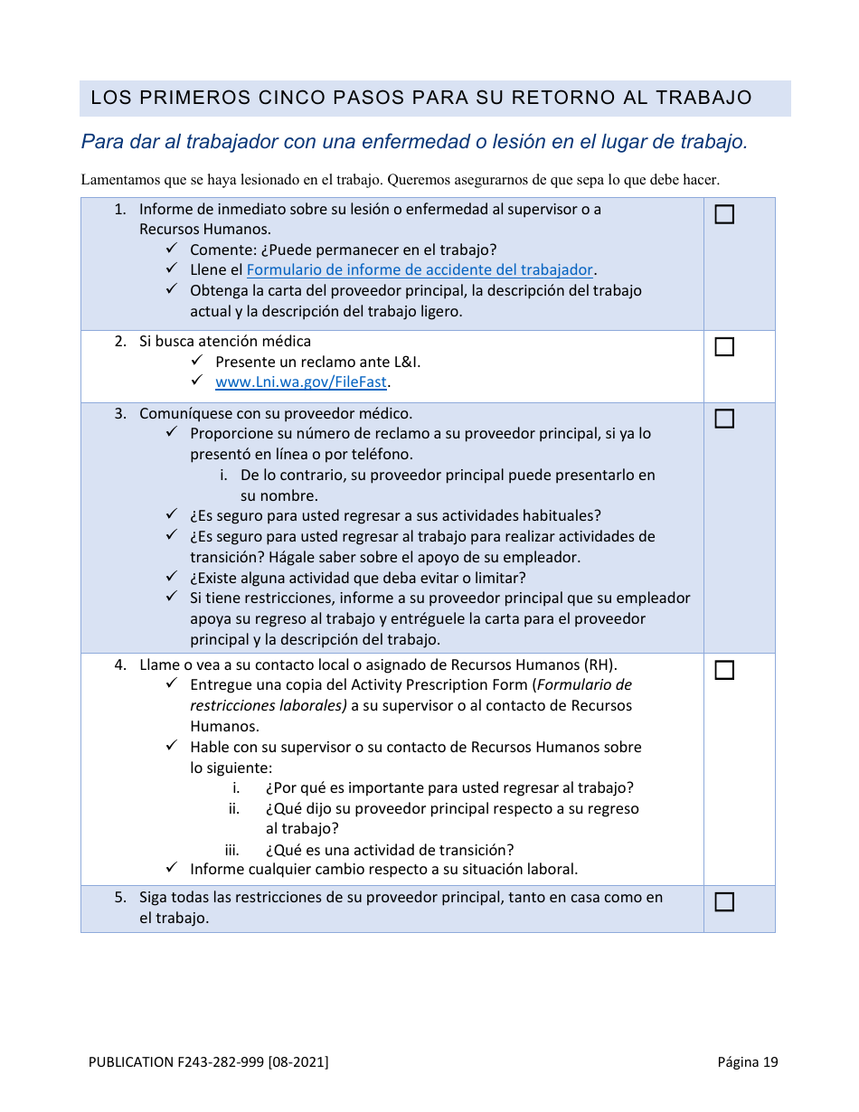 Formulario F243-282-999 Guia De Herramientas Para El Retorno Al Trabajo - Washington (Spanish), Page 20