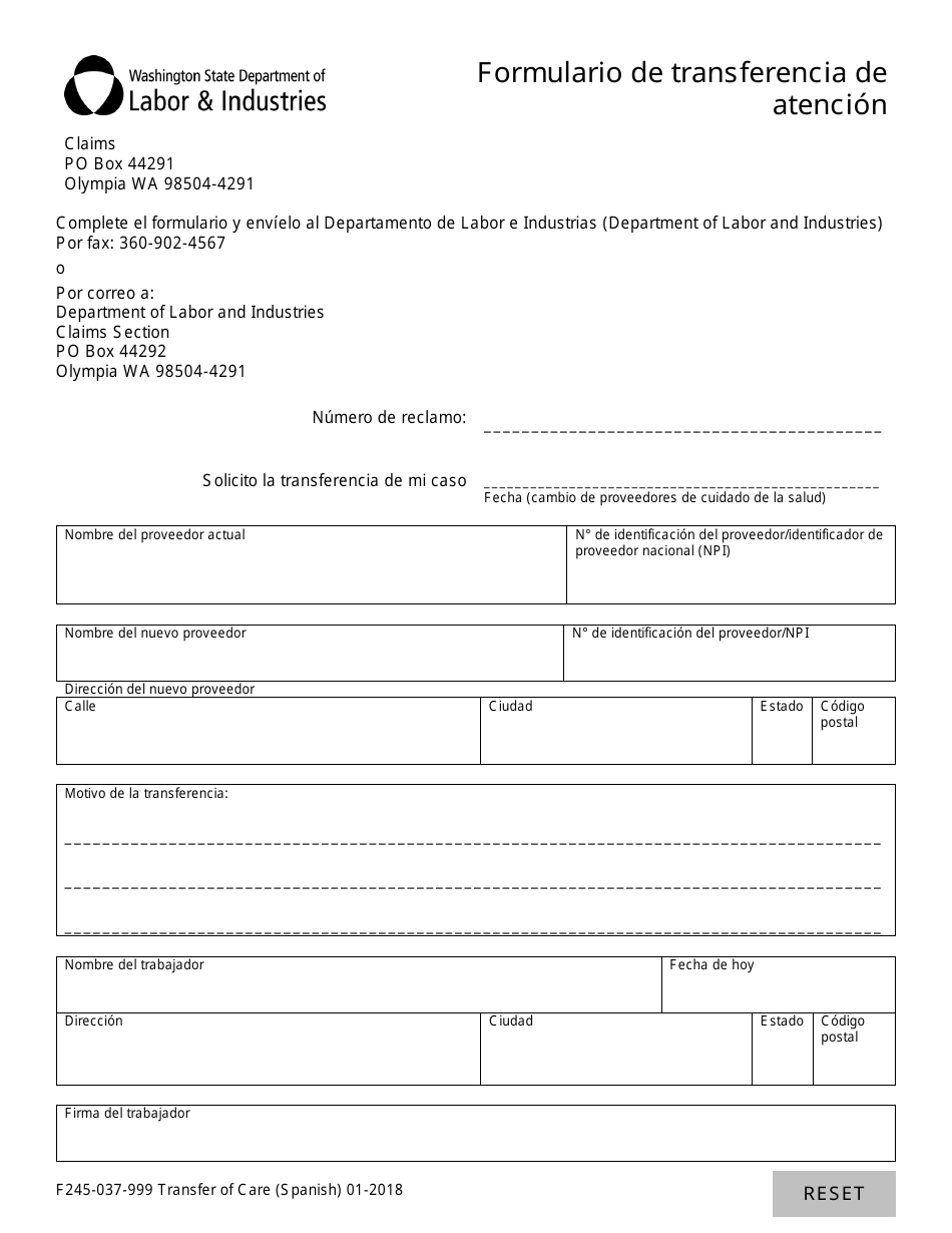 Formulario F245-037-999 Formulario De Transferencia De Atencion - Washington (Spanish), Page 1