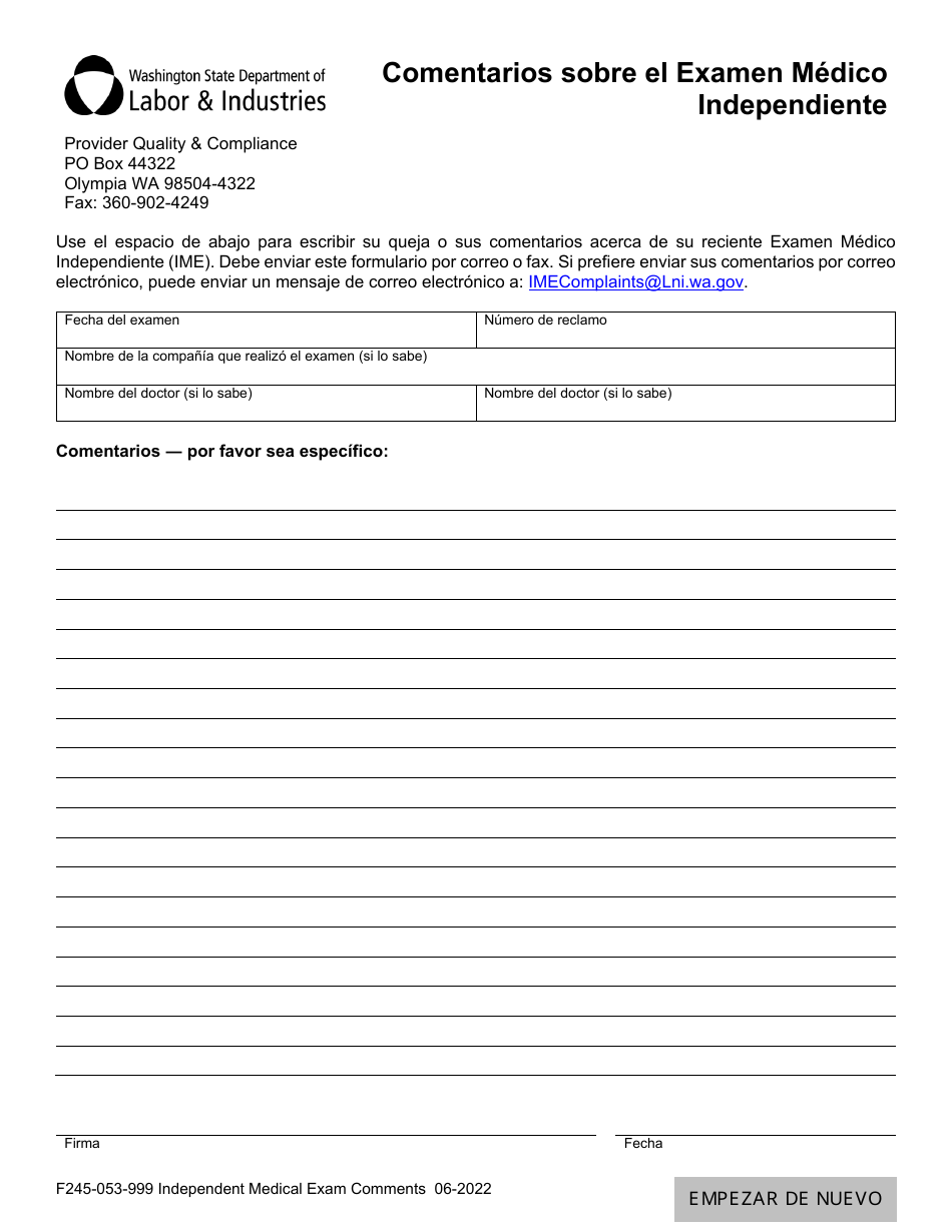 Formulario F245-053-999 Comentarios Sobre El Examen Medico Independiente - Washington (Spanish), Page 1