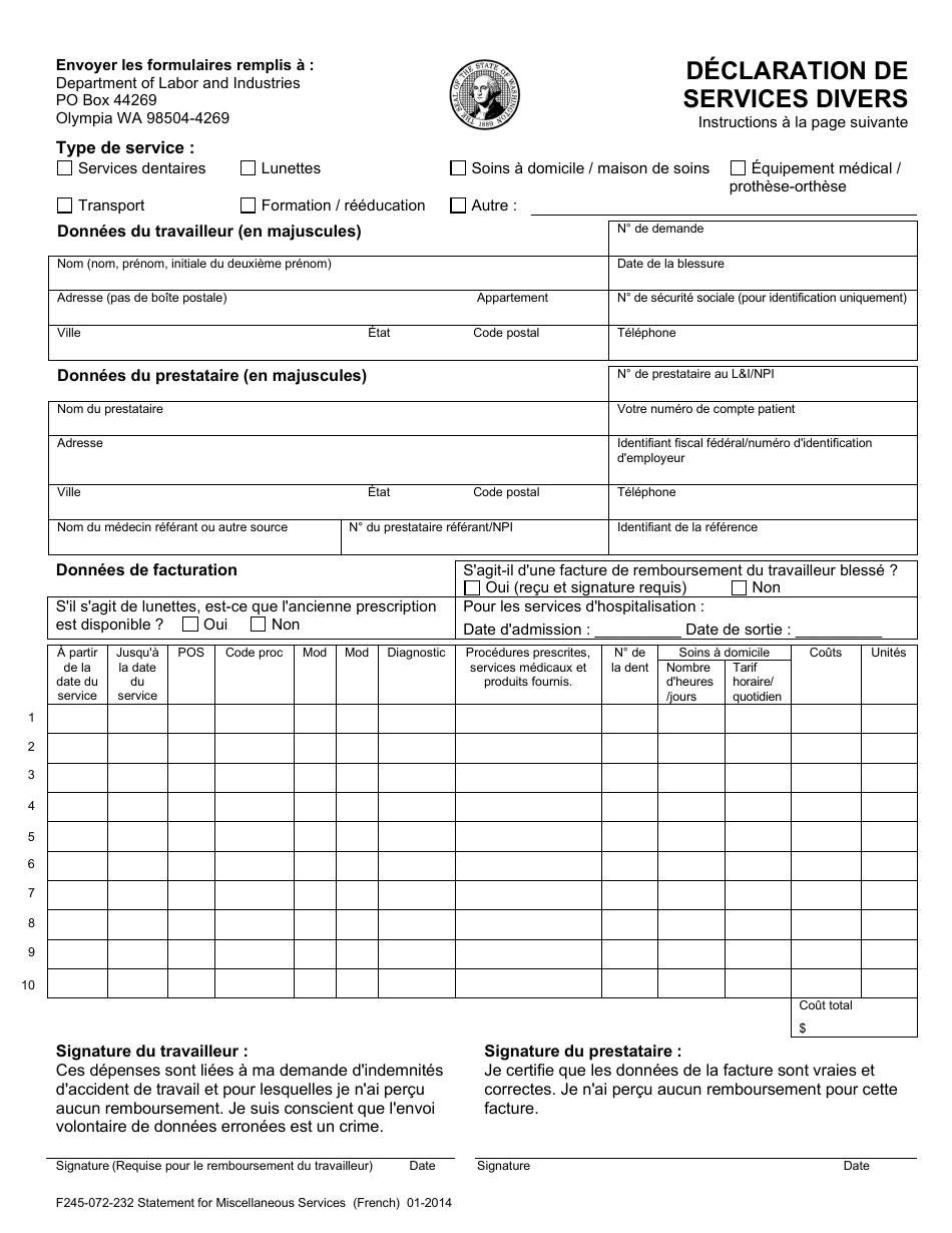 Form F245-072-232 Statement for Miscellaneous Services - Washington (French), Page 1