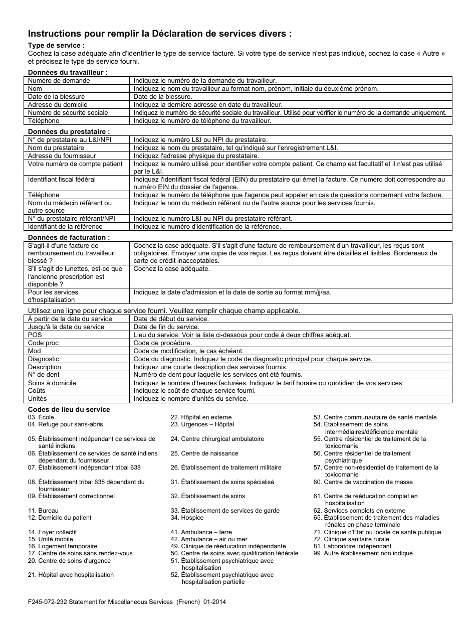 Form F245-072-232 Statement for Miscellaneous Services - Washington (French), Page 2