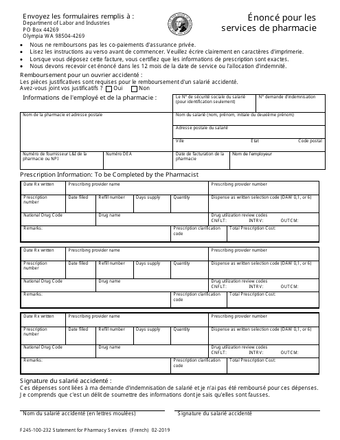 Form F245-100-232 Statement for Pharmacy Services - Washington (French)