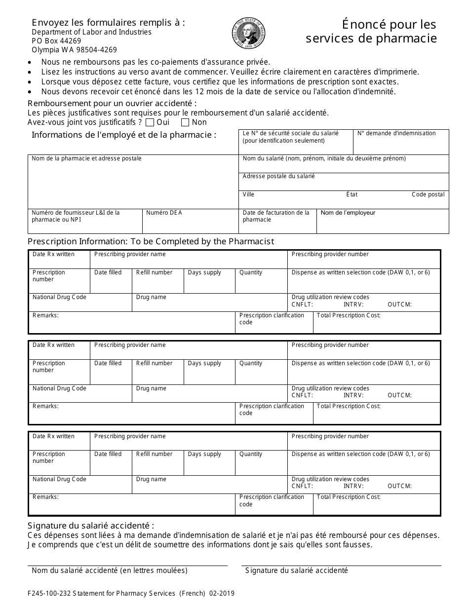 Form F245-100-232 Statement for Pharmacy Services - Washington (French), Page 1