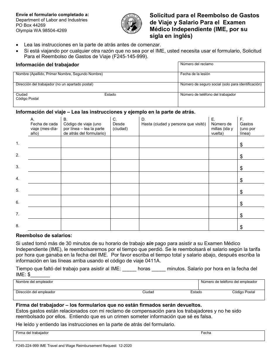 Formulario F245-224-999 Solicitud Para El Reembolso De Gastos De Viaje Y Salario Para El Examen Medico Independiente (Ime, Por Su Sigla En Ingles) - Washington (Spanish), Page 3