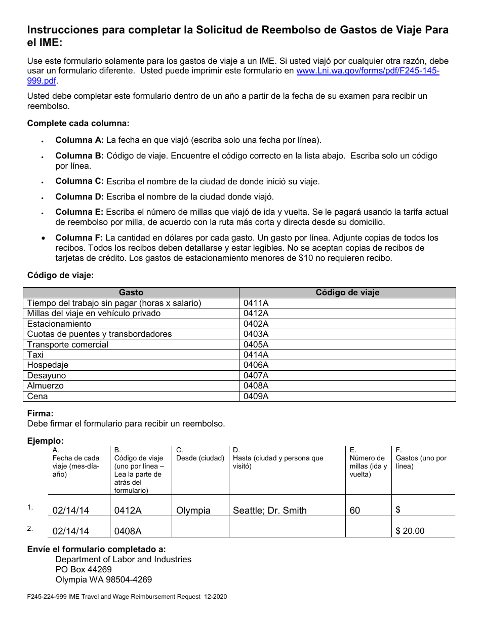 Formulario F245-224-999 Solicitud Para El Reembolso De Gastos De Viaje Y Salario Para El Examen Medico Independiente (Ime, Por Su Sigla En Ingles) - Washington (Spanish), Page 4