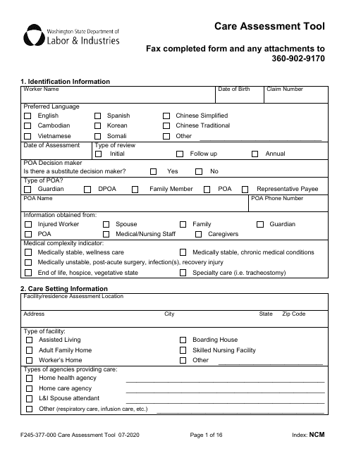 Form F245-377-000 Care Assessment Tool - Washington