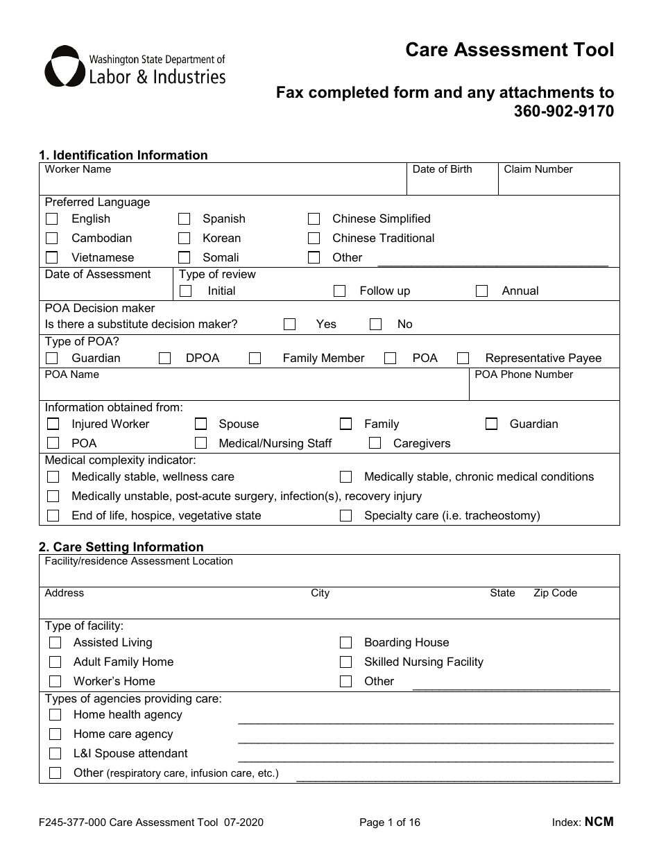 Form F245-377-000 Care Assessment Tool - Washington, Page 1