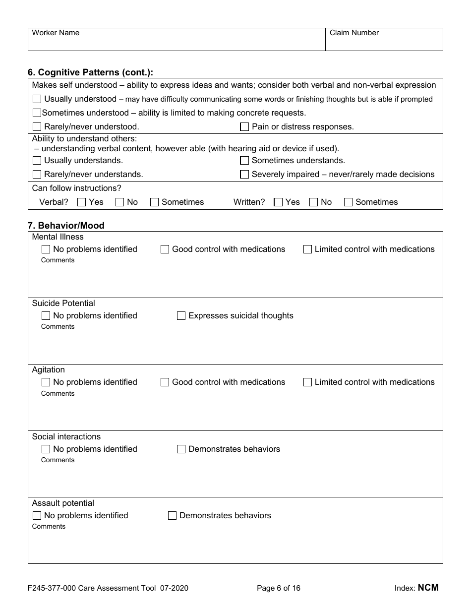 Form F245-377-000 Care Assessment Tool - Washington, Page 6